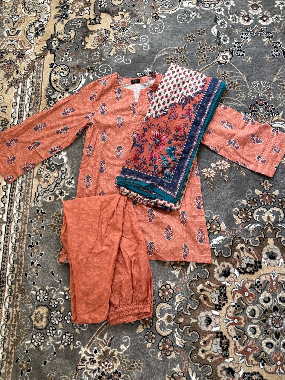 Coral Printed Kurta Set with Floral Scarf